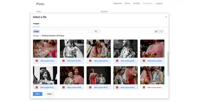 2. Login to Pixto and create a gallery: add title and select photos from your Drive.